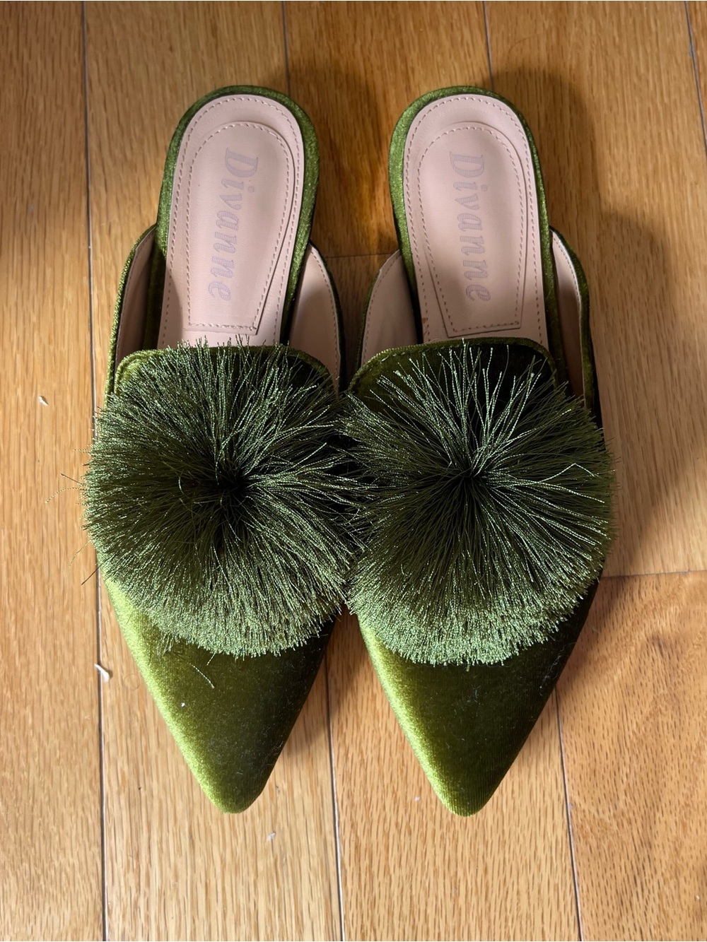 Green Velvet Pom-Pom Pointed Slip-On Mules